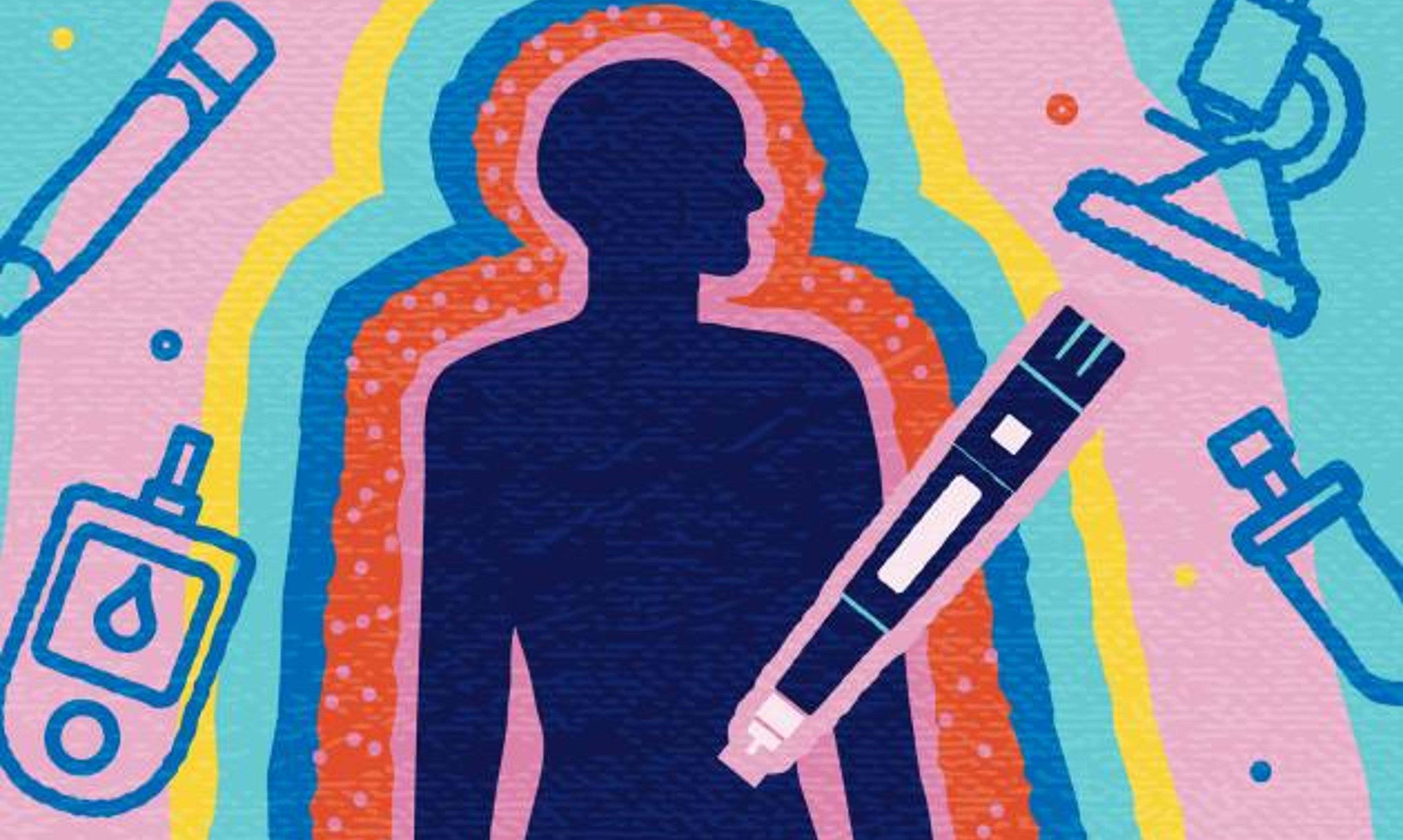 Illustration of a person with injection pen, glucometer, and microscope