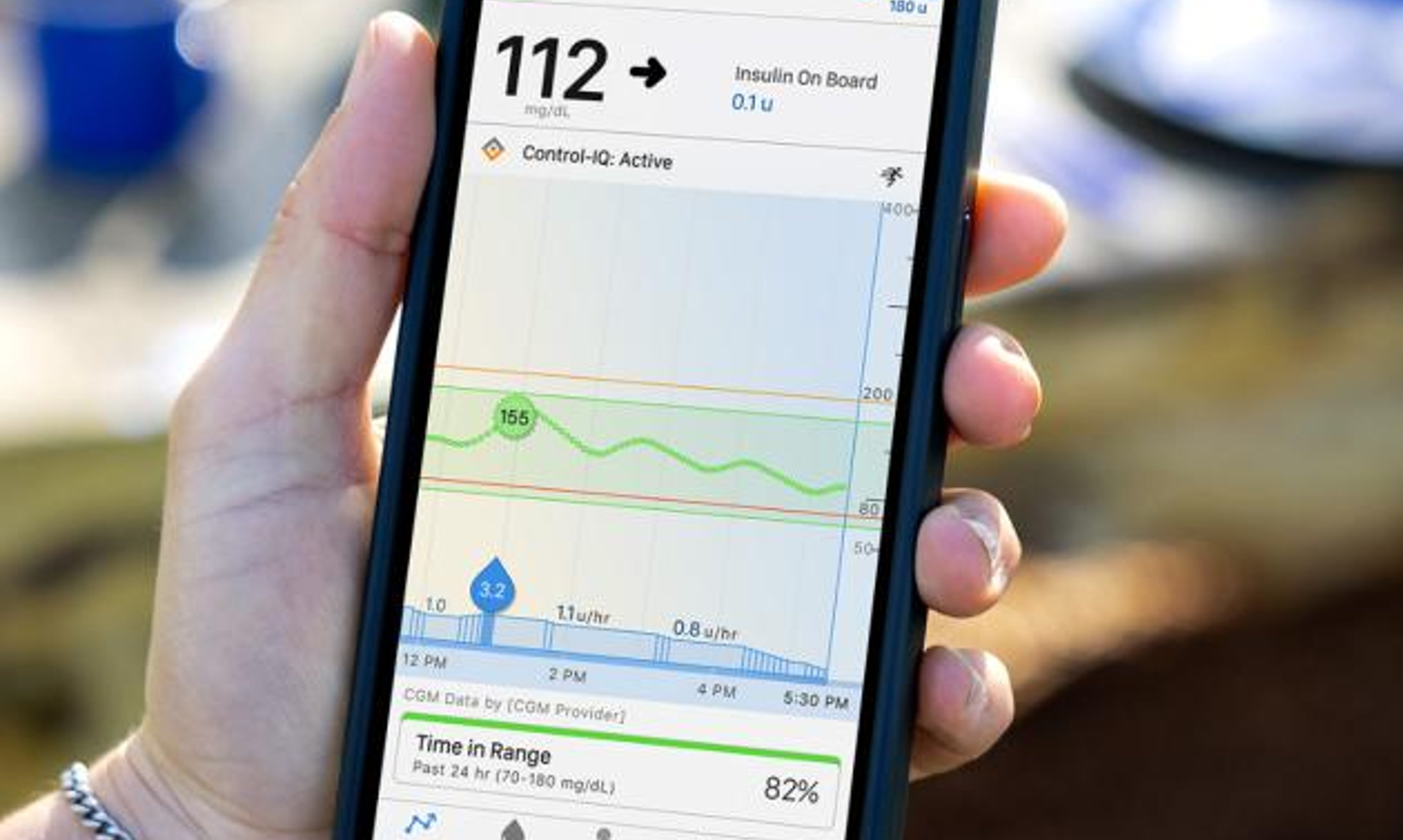 Current Control-IQ display on an iPhone. Tandem is working on a future version of its AID system where no meal announcements are necessary.