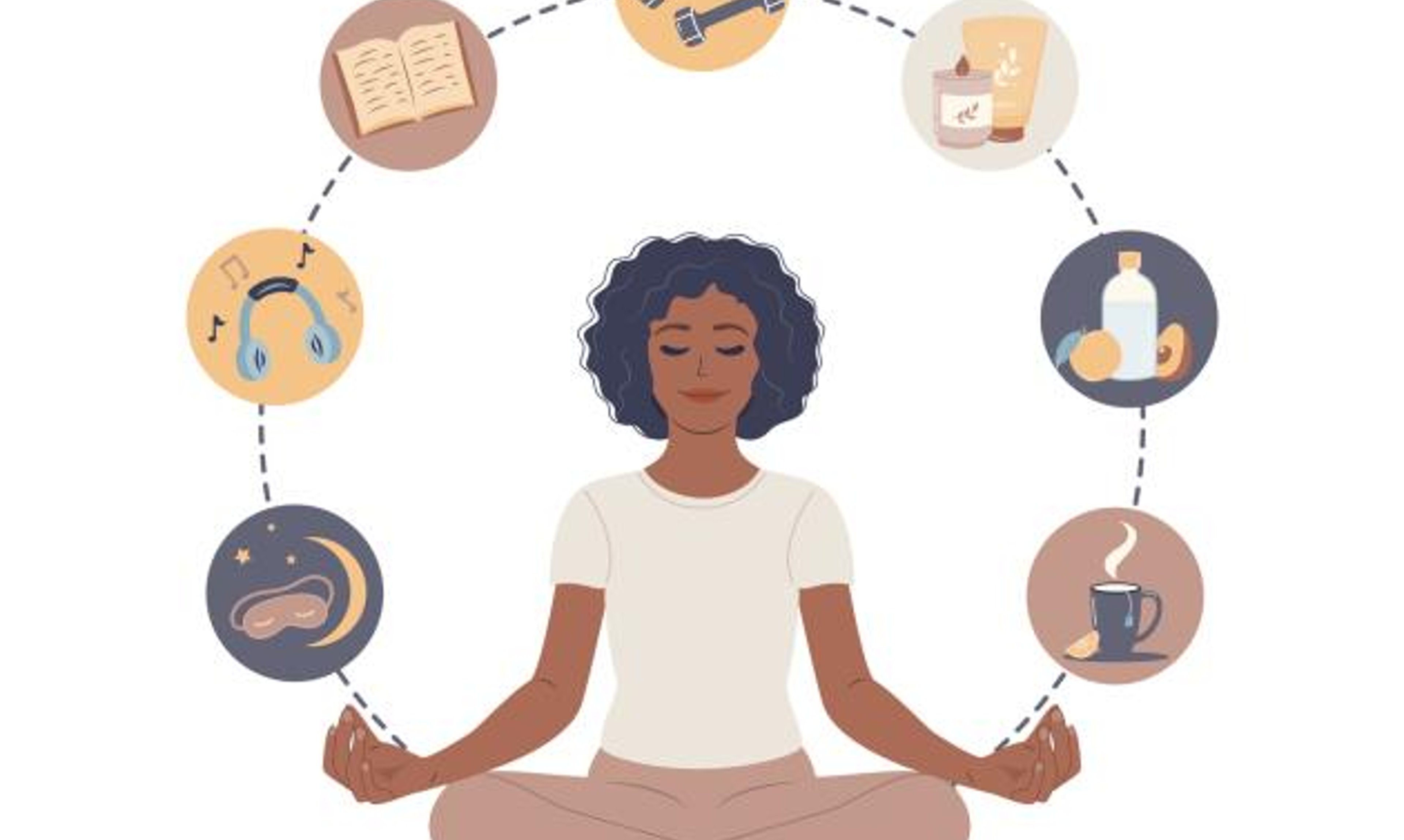 Image of woman meditating surrounded by health images