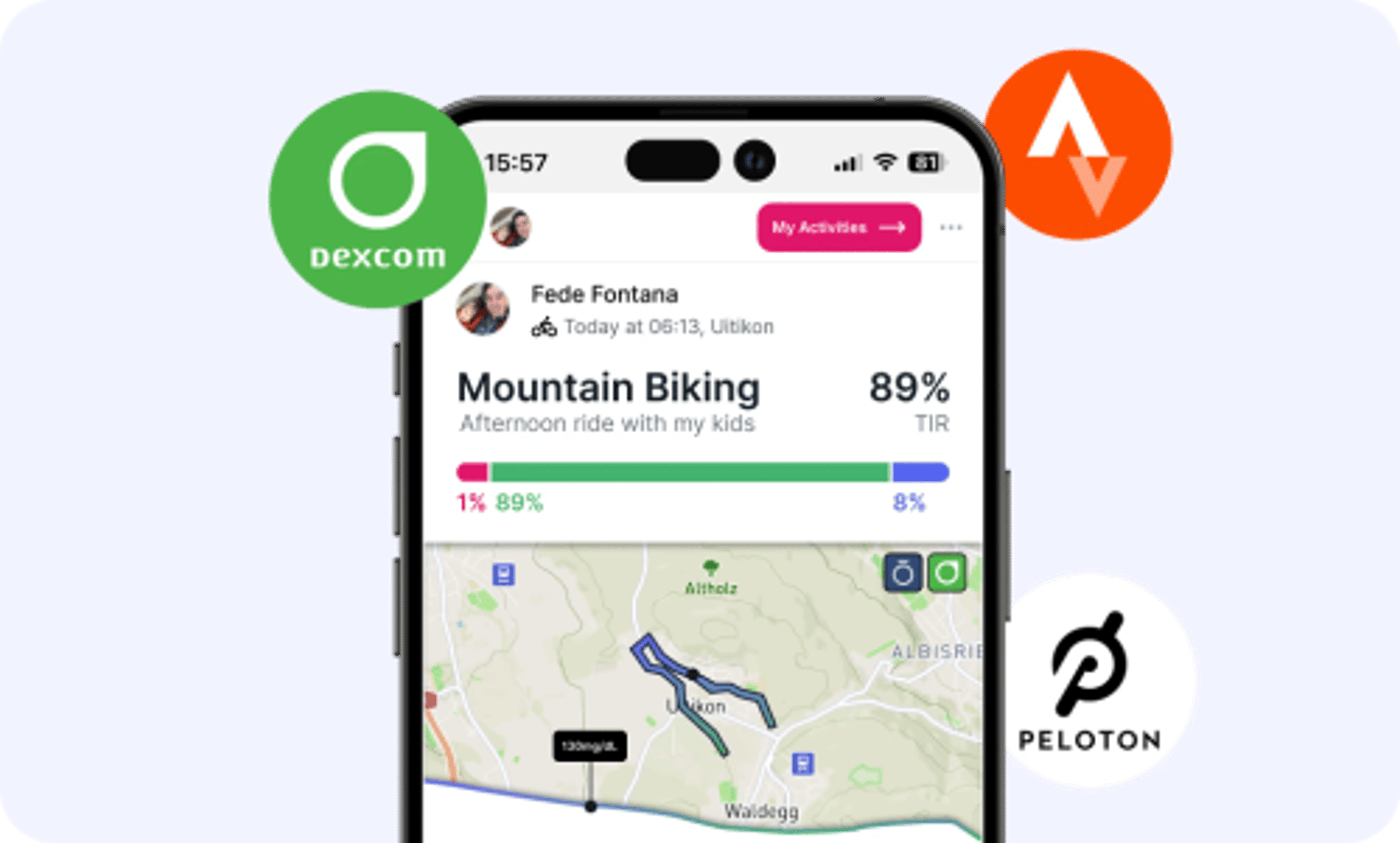 The enhance-d app shows exercise data along with time in range, among other diabetes-related info.