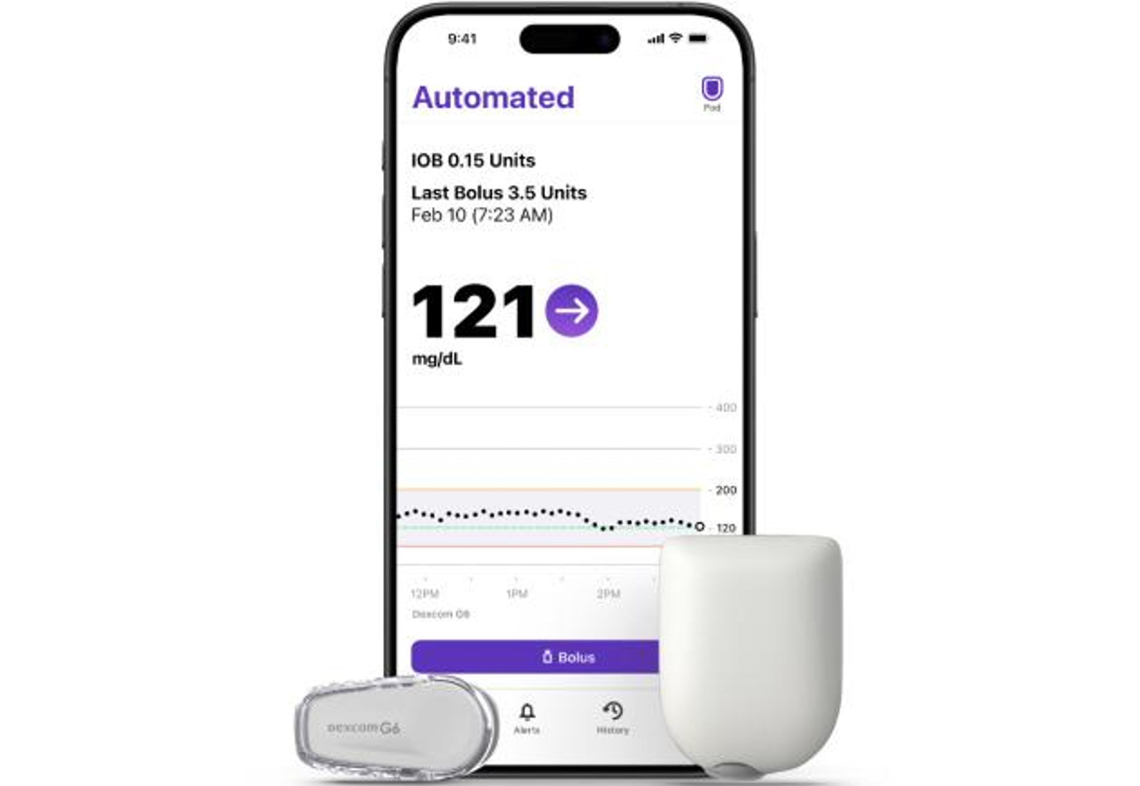 Omnipod 5 for iPhone app, a Dexcom G6 CGM, and a pod.