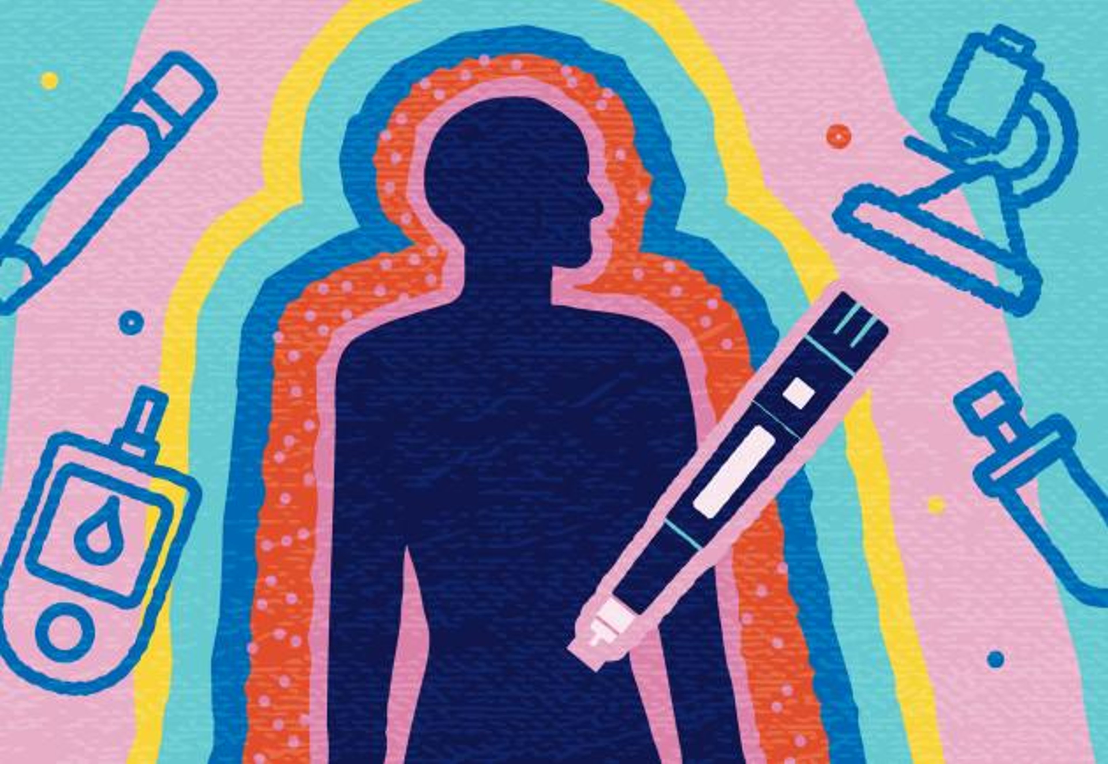 Illustration of a person with injection pen, glucometer, and microscope