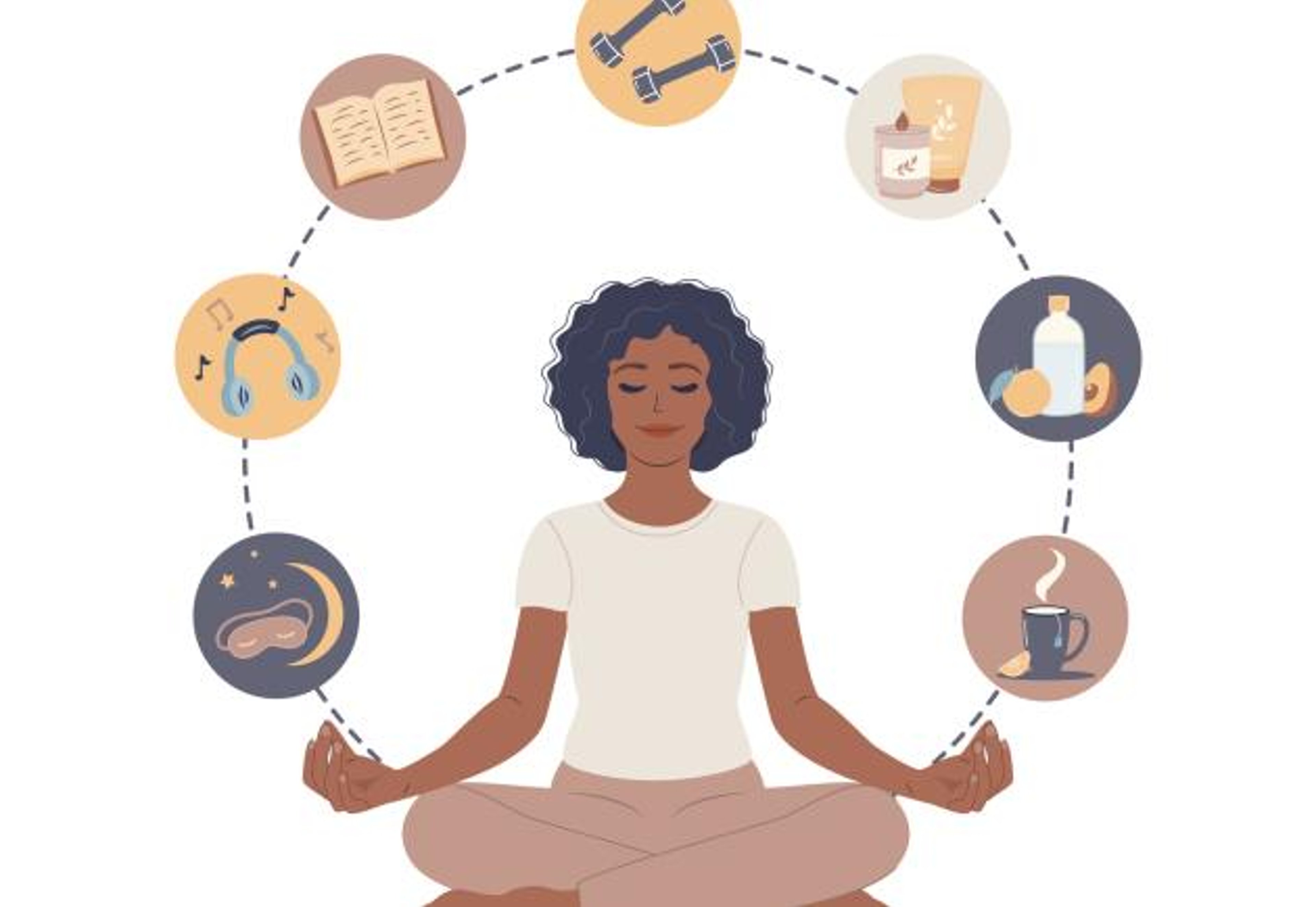 Image of woman meditating surrounded by health images