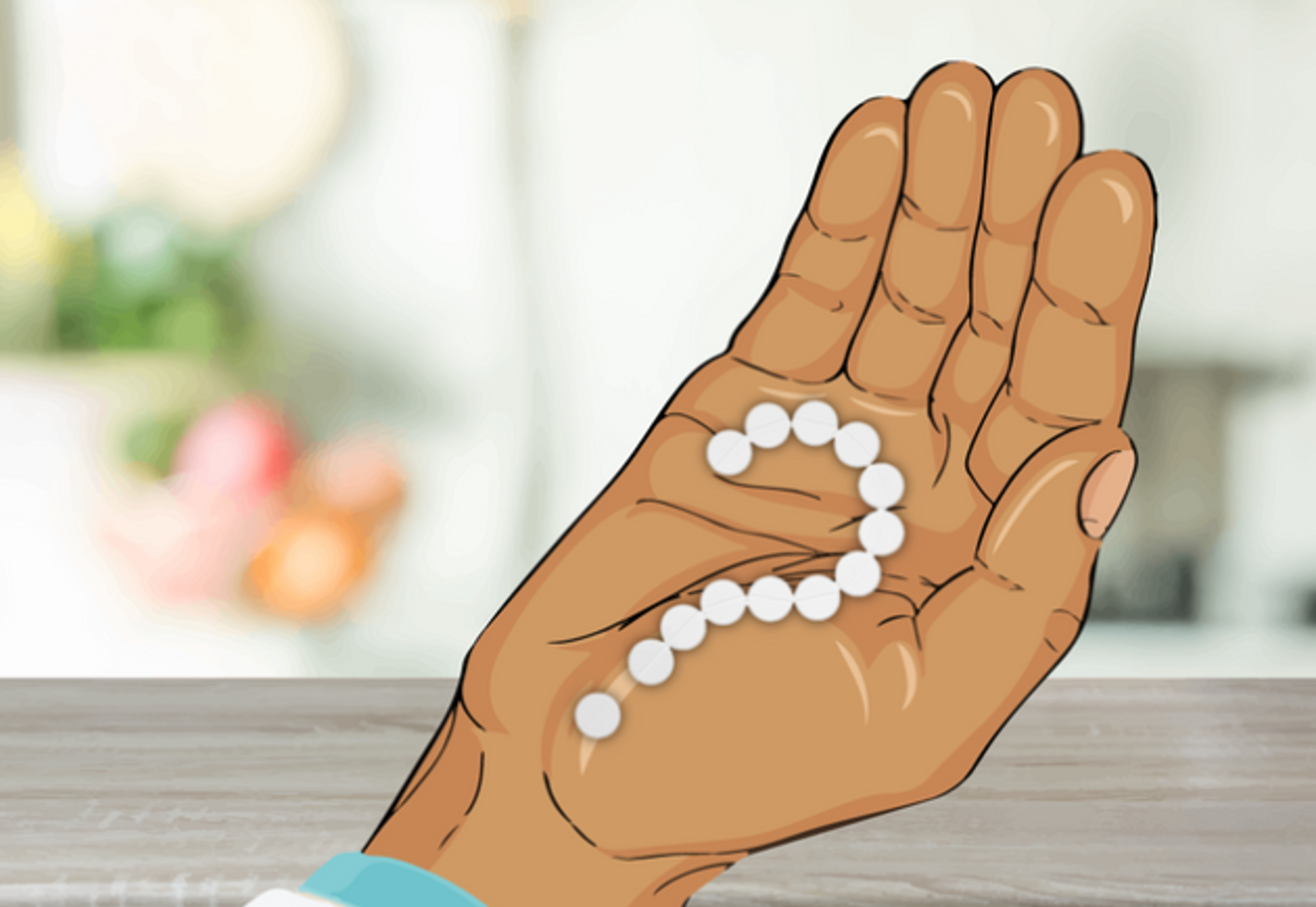 Graphic hand holding medicine in shape of question mark
