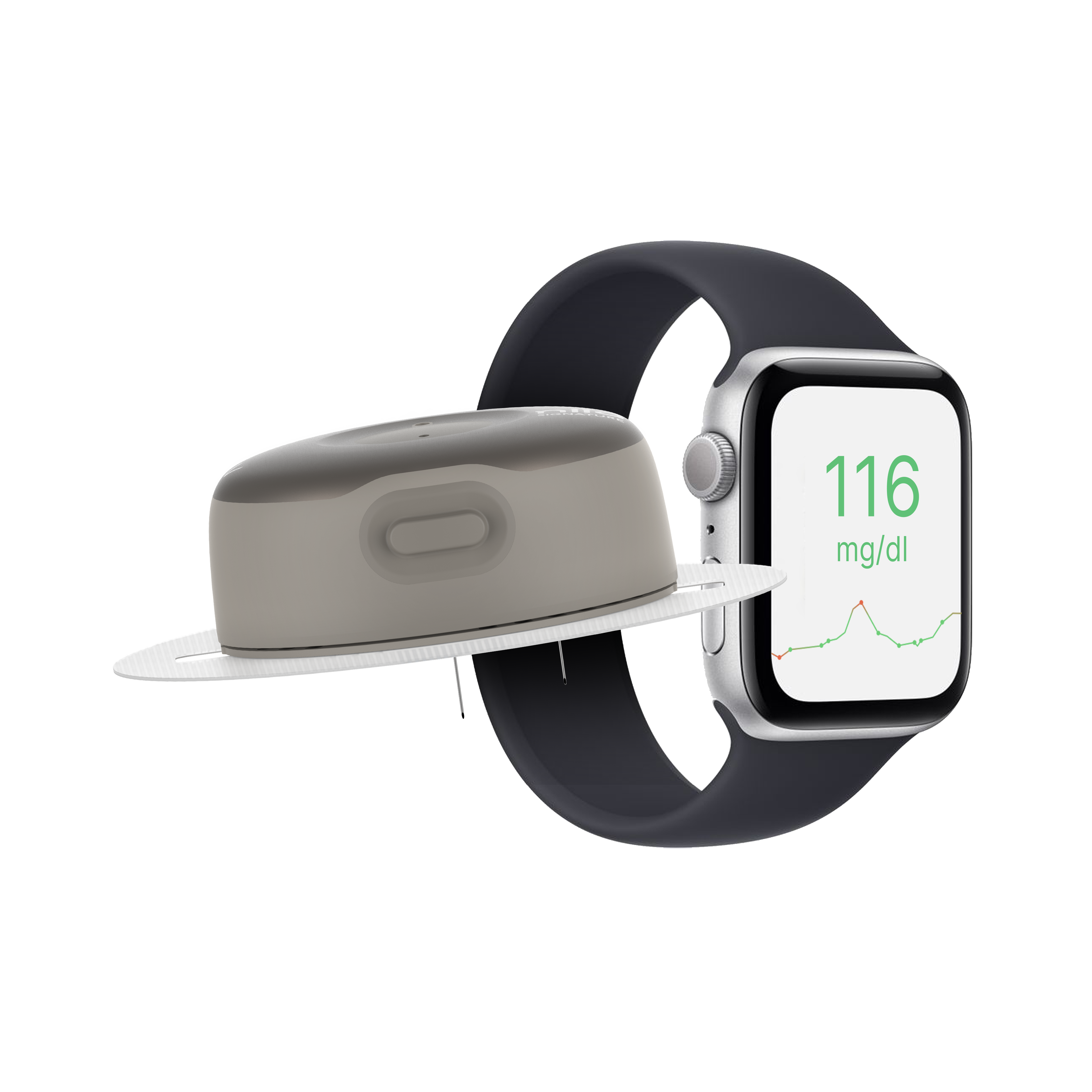 The niaa signature patch pump, shown with a watch displaying current blood sugar level