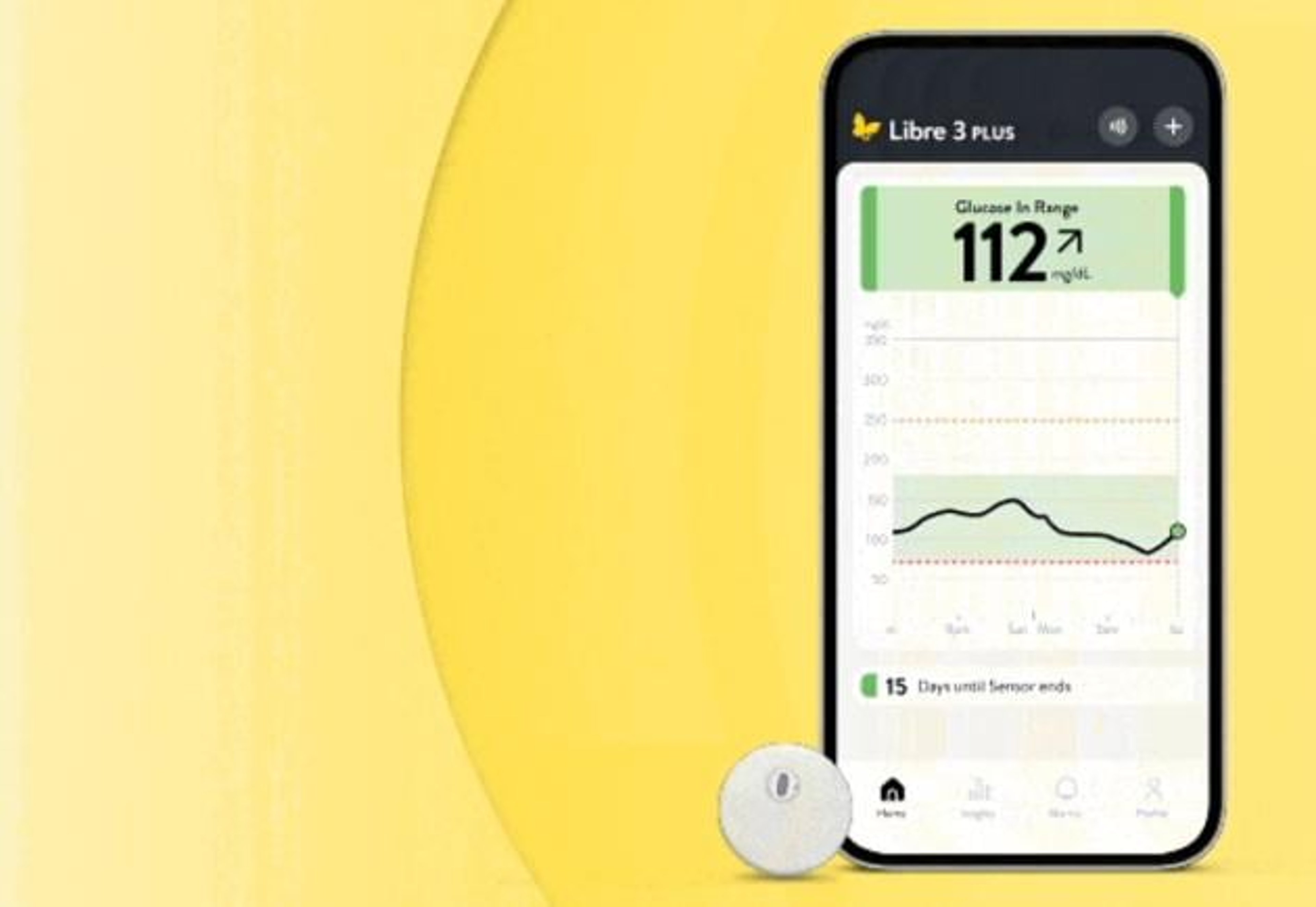 The FreeStyle Libre 3 Plus display on a smartphone with sensor.