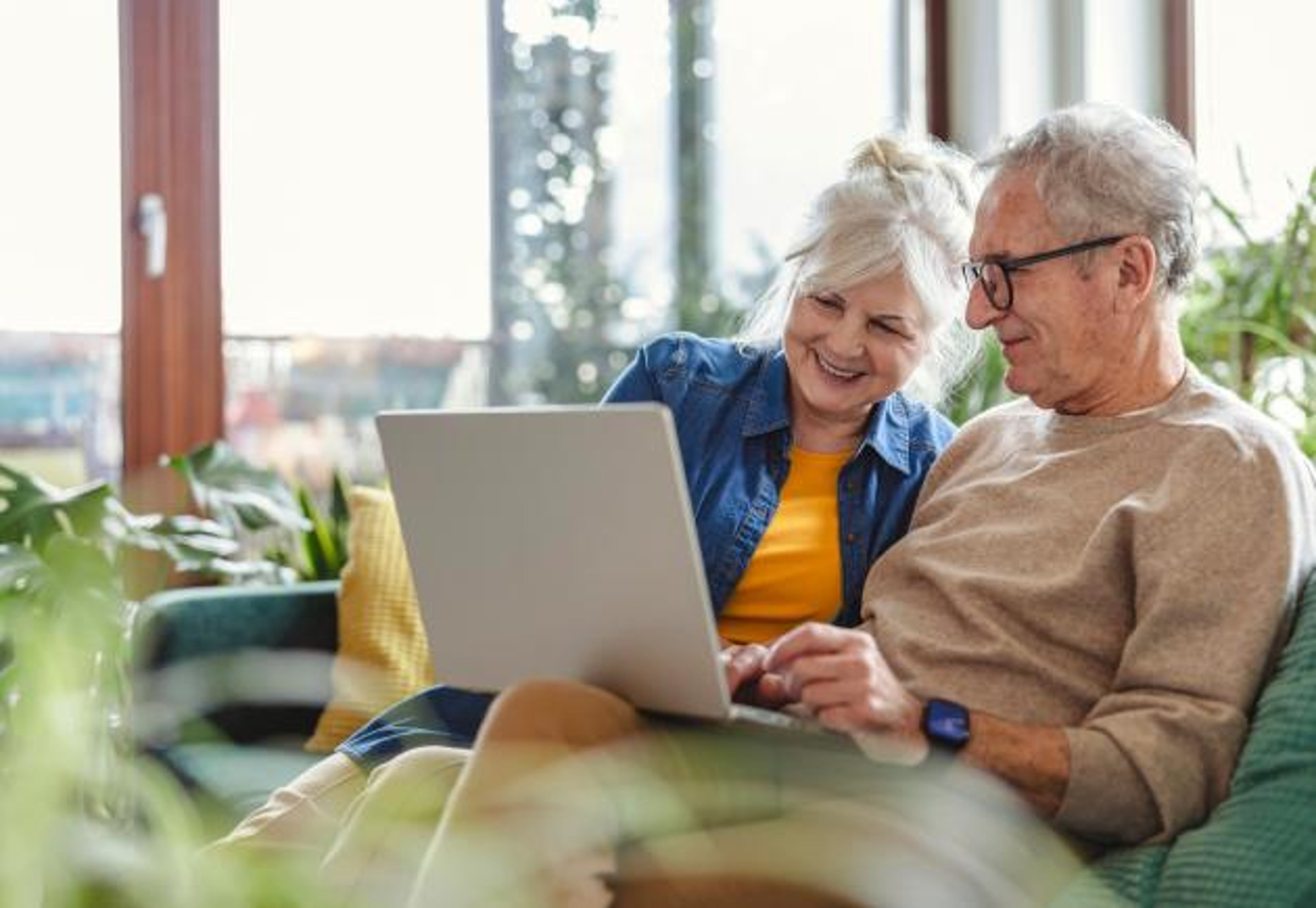 Senior couple uses a laptop
