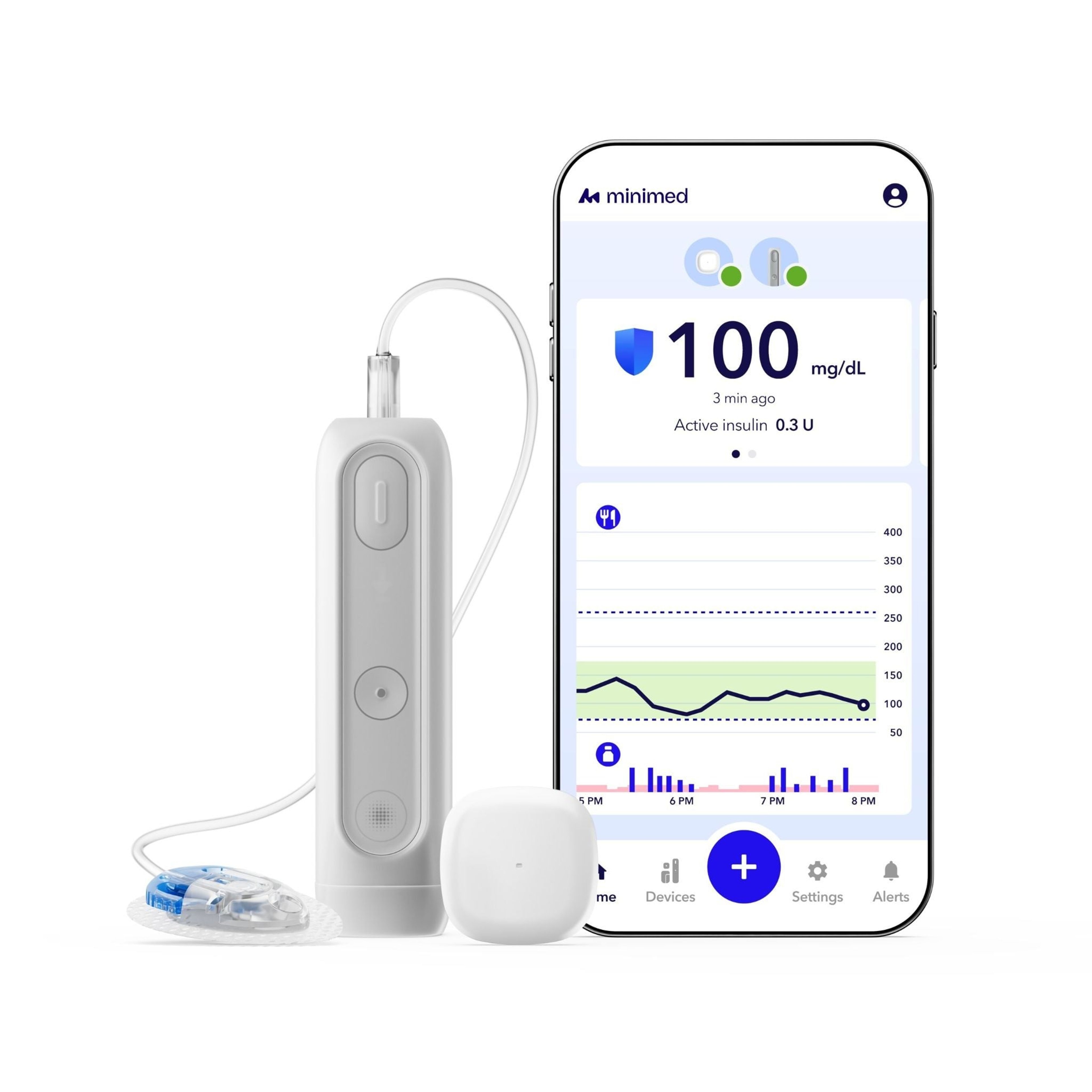 MiniMed Flex pump, CGM, and app screen displayed on a smartphone