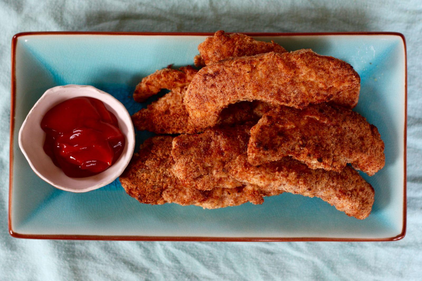 Overhead shot of baked chicken fingers recipe